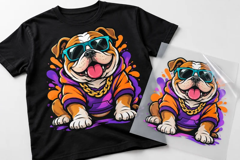 Maqueta ilustrativa de camiseta negra y película DTF con diseño de bulldog